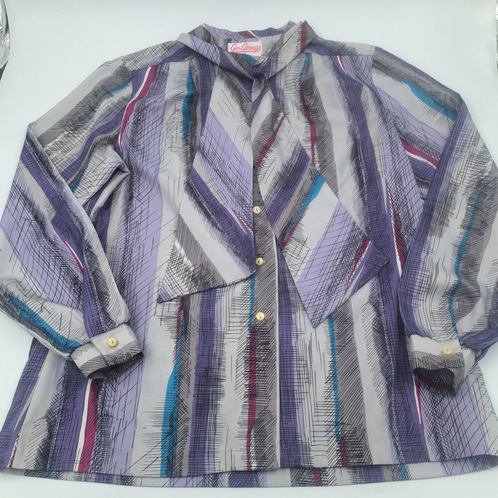 Vintage Gray Button Down Blouse Removable Neck Tie Women Size 14 Made In USA